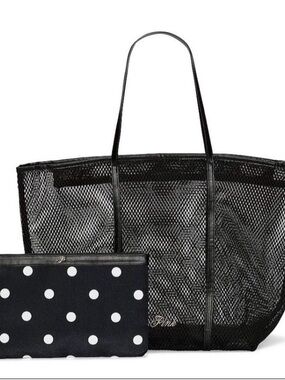 Victoria's Secret Mesh Black Tote Bag Set with Pouch Travel Pool Beach Large NWT